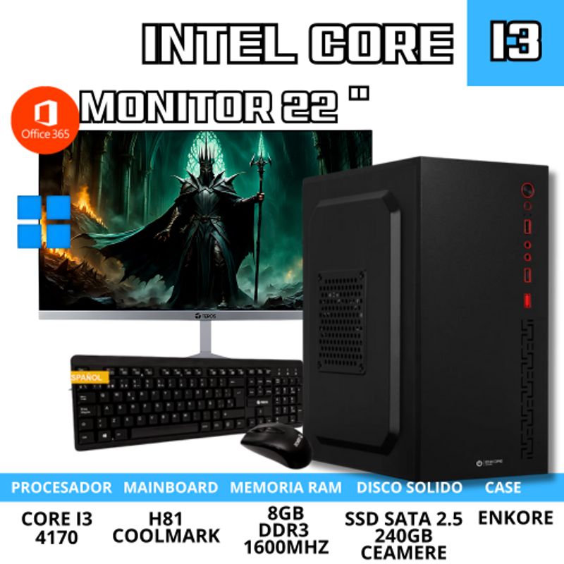 INTEL - PC DE OFICINA CORE I3/ 8GB RAM/ SSD 240GB Y MONITOR DE 22 PULGADAS