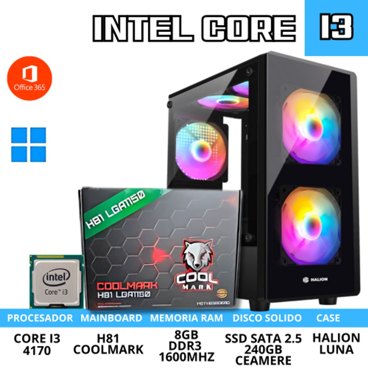 INTEL - COMPUTADORA DE ESCRITORIO CORE I3 8GB RAM SSD 256GB CASE HALION LUNA