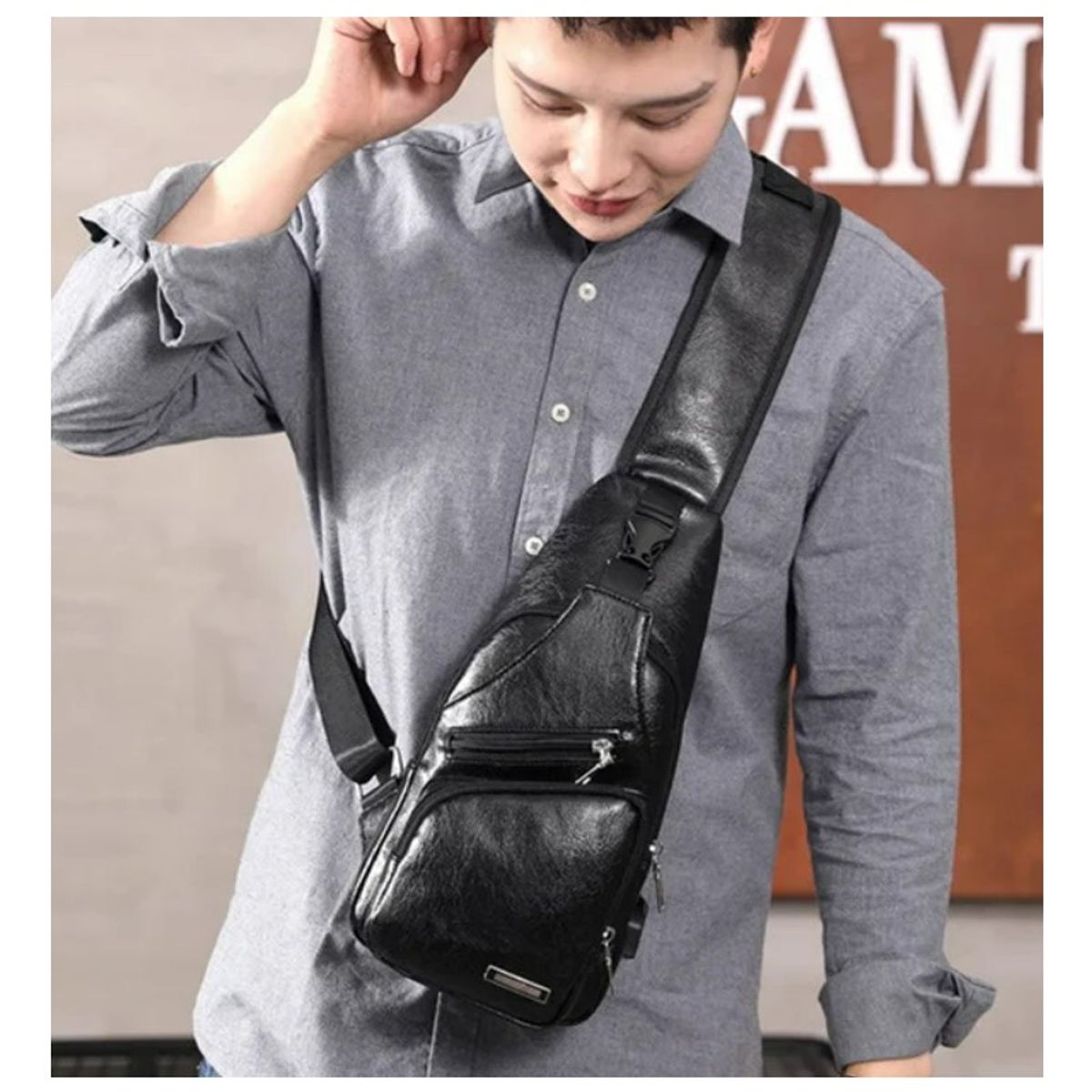 GENERICO - Morral Hombre  Cuero Sintético Mediano