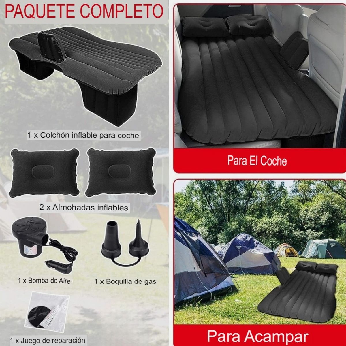 GENERICO - COLCHÓN CAMA INFLABLE ALMOHADAS INFLADOR VIAJES CAMPING PORTÁTIL NEGRO