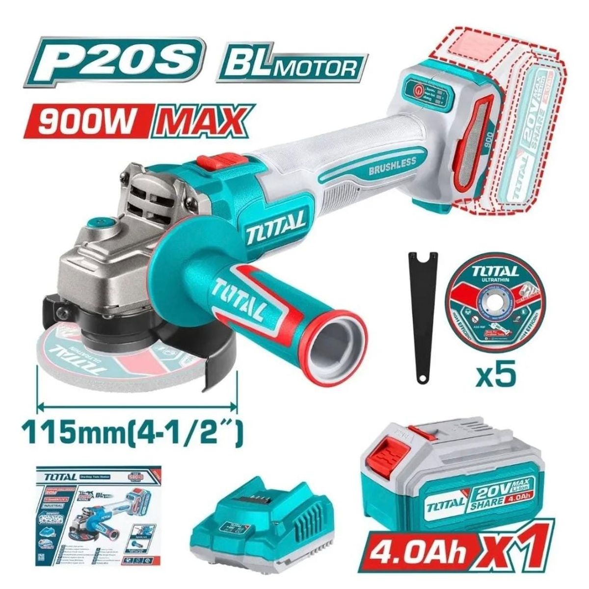 TOTAL TOOLS - Amoladora inalámbrica TOTAL 4 1/2X 900W