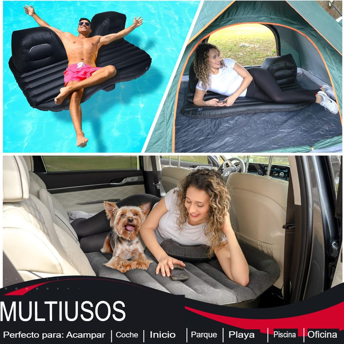 GENERICO - COLCHÓN CAMA INFLABLE CAMPING PLAYA PORTÁTIL PARA CARRO AUTO EN VIAJES NEGRO