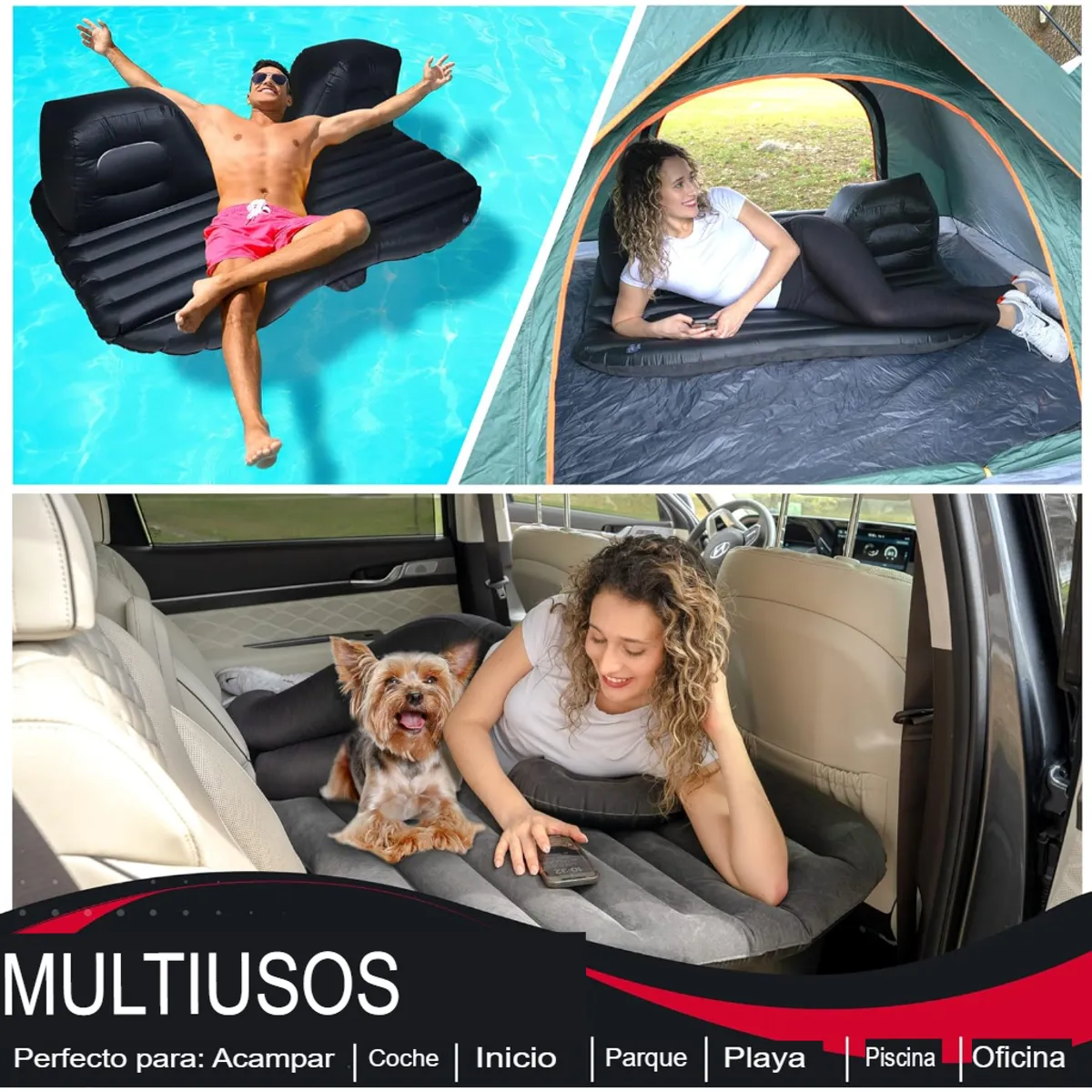 GENERICO - COLCHÓN CAMA INFLABLE CAMPING PLAYA PORTÁTIL PARA CARRO AUTO EN VIAJES NEGRO