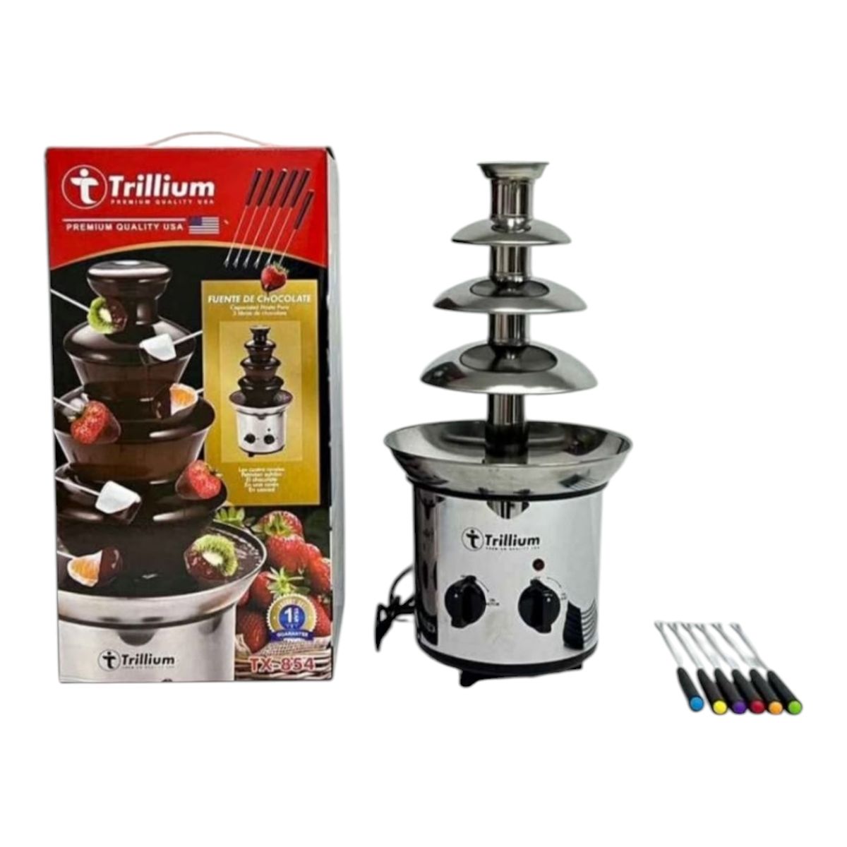 GENERICO - FUENTE CHOCOLATERA DE 4 PISOS DE ACERO INOXIDABLE  MAS 6 TENEDORES