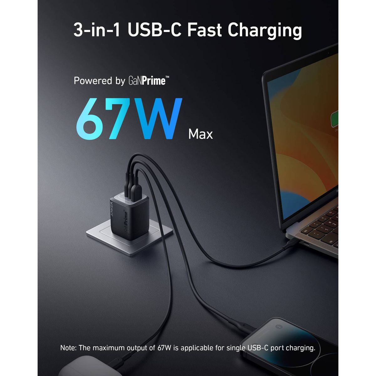 ANKER - Cargador Anker Prime 67W GaN Charger USB-C Carga Rápida - A2669113