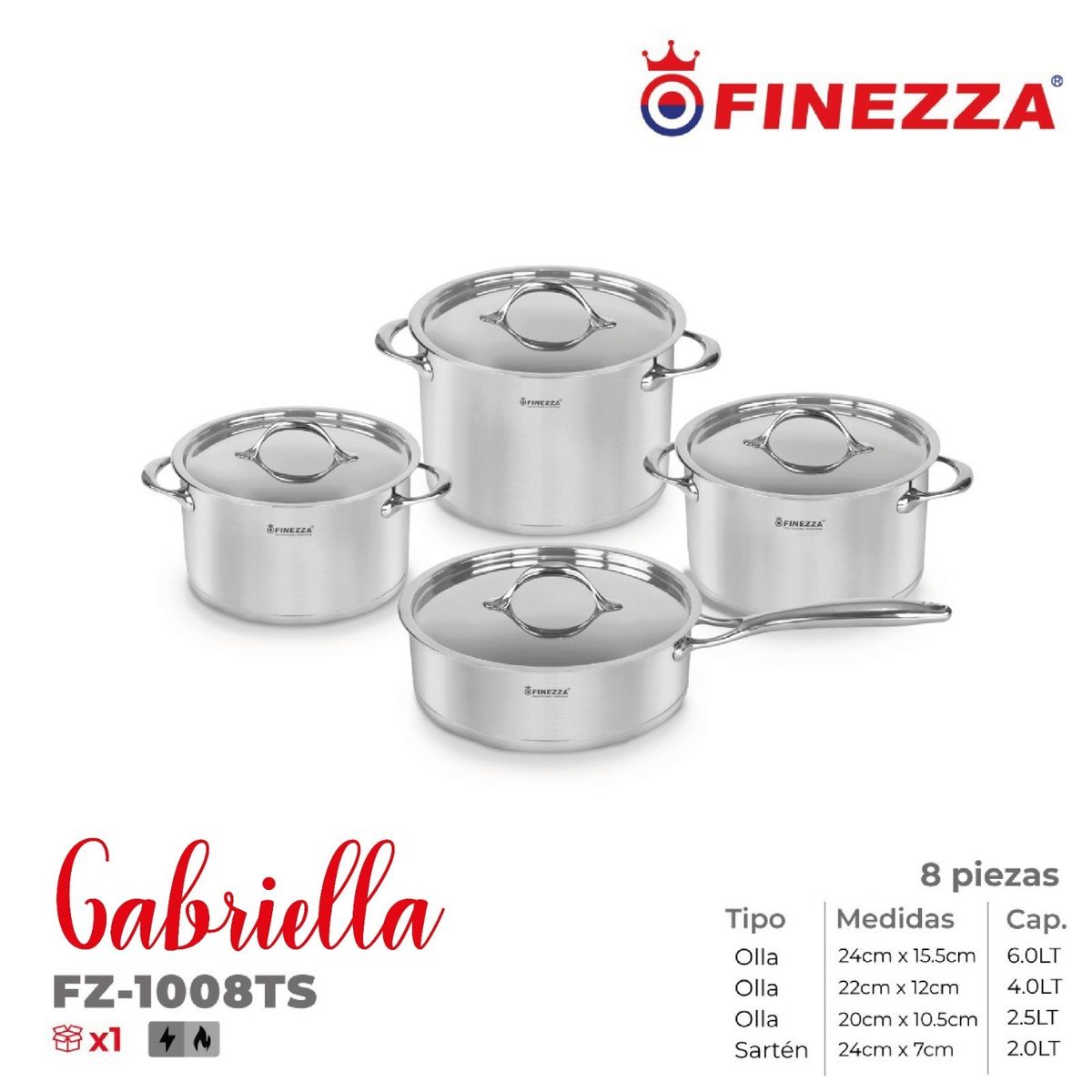 FINEZZA - Set de Ollas Finezza Acero Inoxidable FZ-1008TS 8 Piezas