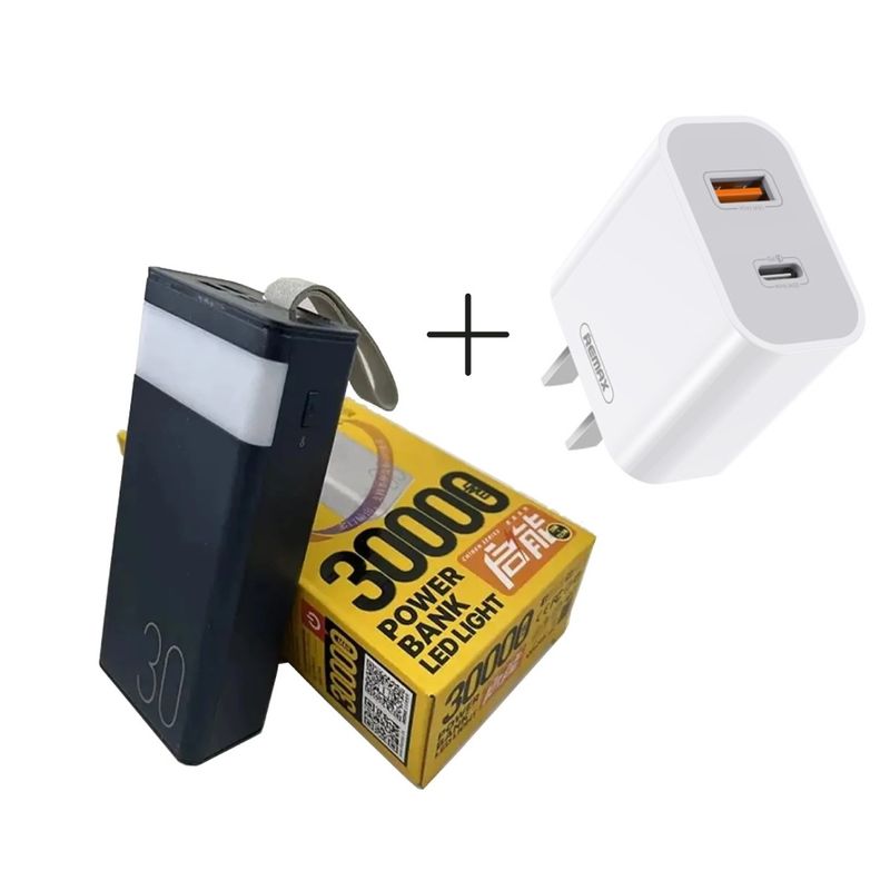 REMAX - Power Bank 30000mAh + Cargador de Pared Remax RPP-320 NEGRO + RP-U68