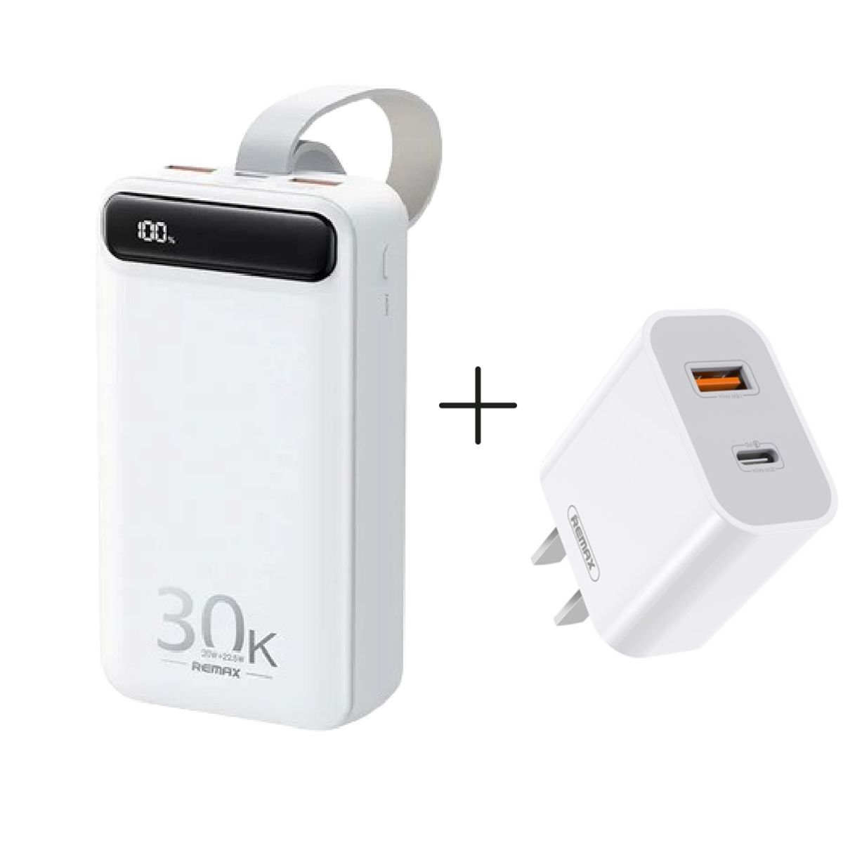 REMAX - Power Bank 30000mAh + Cargador de Pared Remax RPP-522 BLANCO + RP-U68