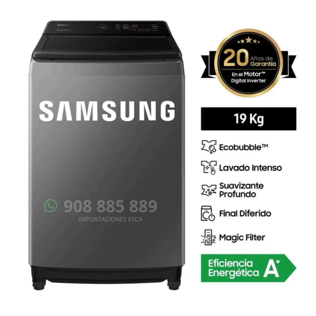 SAMSUNG - Lavadora Samsung Automatica 19 Kilos EcoBubble Carga Superior Gris WA19CG6441BD + 1 año de Garantia