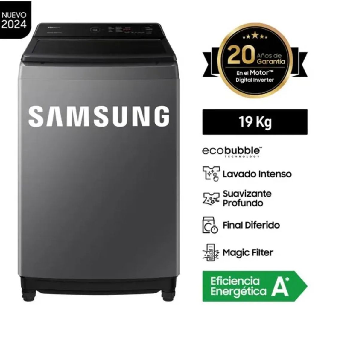SAMSUNG - LAVADORA SAMSUNG 19KG WA19CG6441BD ECOBUBBLE GRIS OSCURO