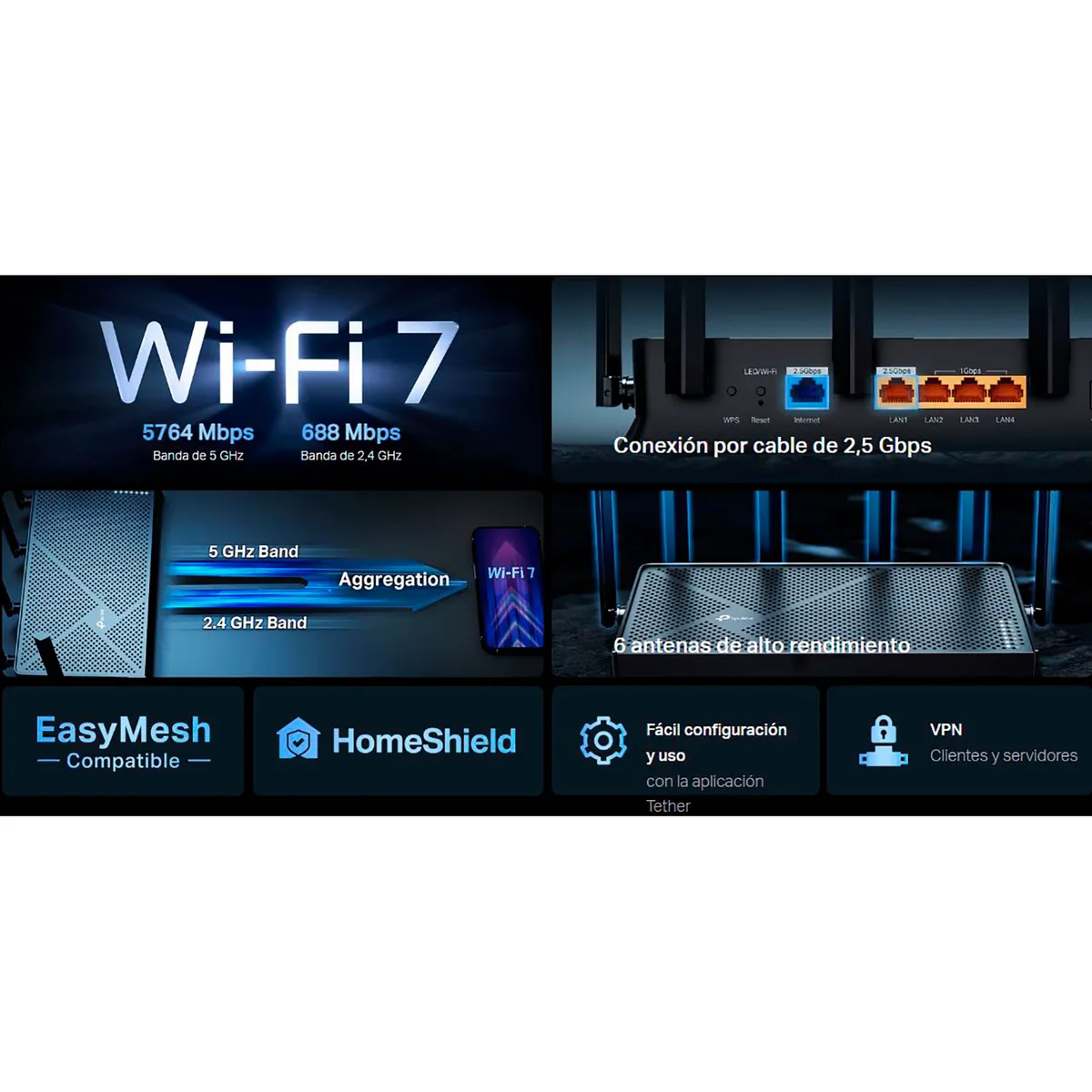 TP LINK - TP-LINK Router Archer BE400 Wi-Fi 7 Doble Banda BE6500 Easy Mesh