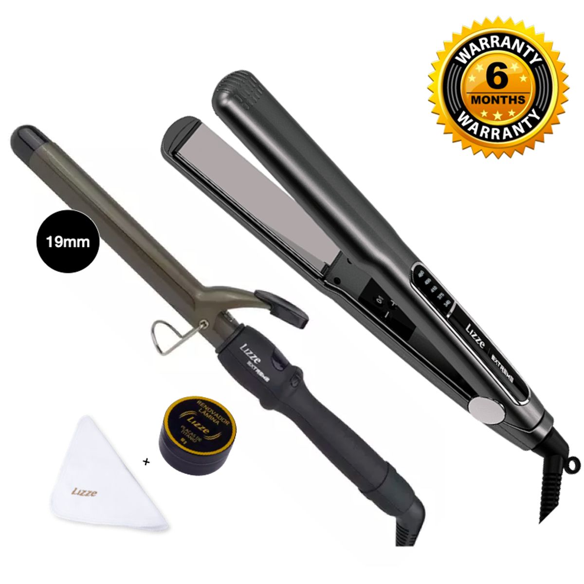 LIZZE - Lizze Pack Plancha 480F y Rizador 19mm Lizze Extreme + Kit Pulidor