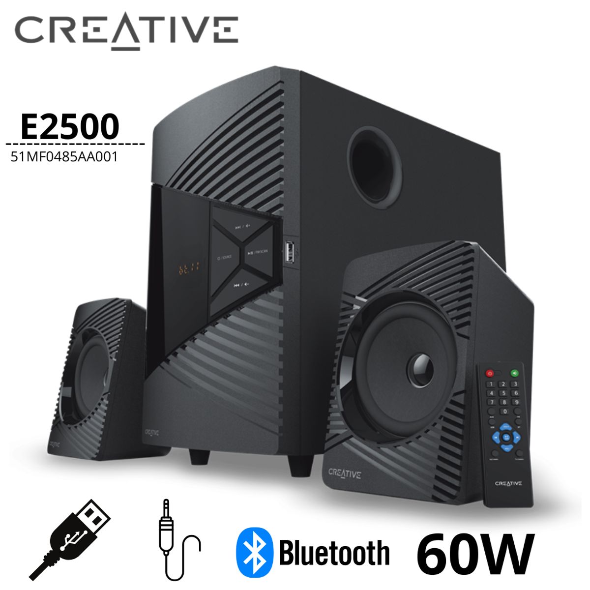 CREATIVE - Parlante 2.1 Creative E2500 60W Bluetooth FM USB Aux 3.5mm Negro 220V
