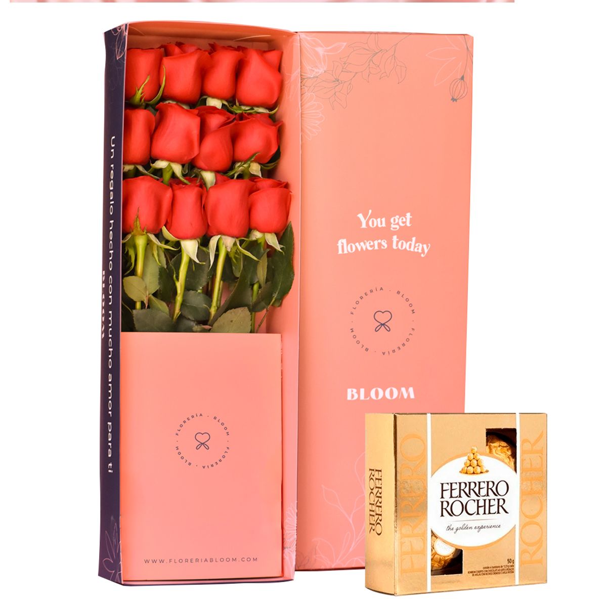 BLOOM - Caja de 12 rosas rojas y chocolates Ferrero