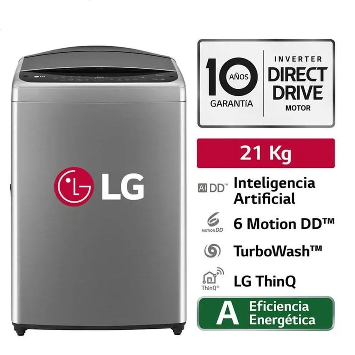 LG - LAVADORA LG CARGA SUPERIOR 21 KG LAVADO AIDD INTELIGENCIA ARTIFICIAL WT21VV6 ASSGP PLATEADO