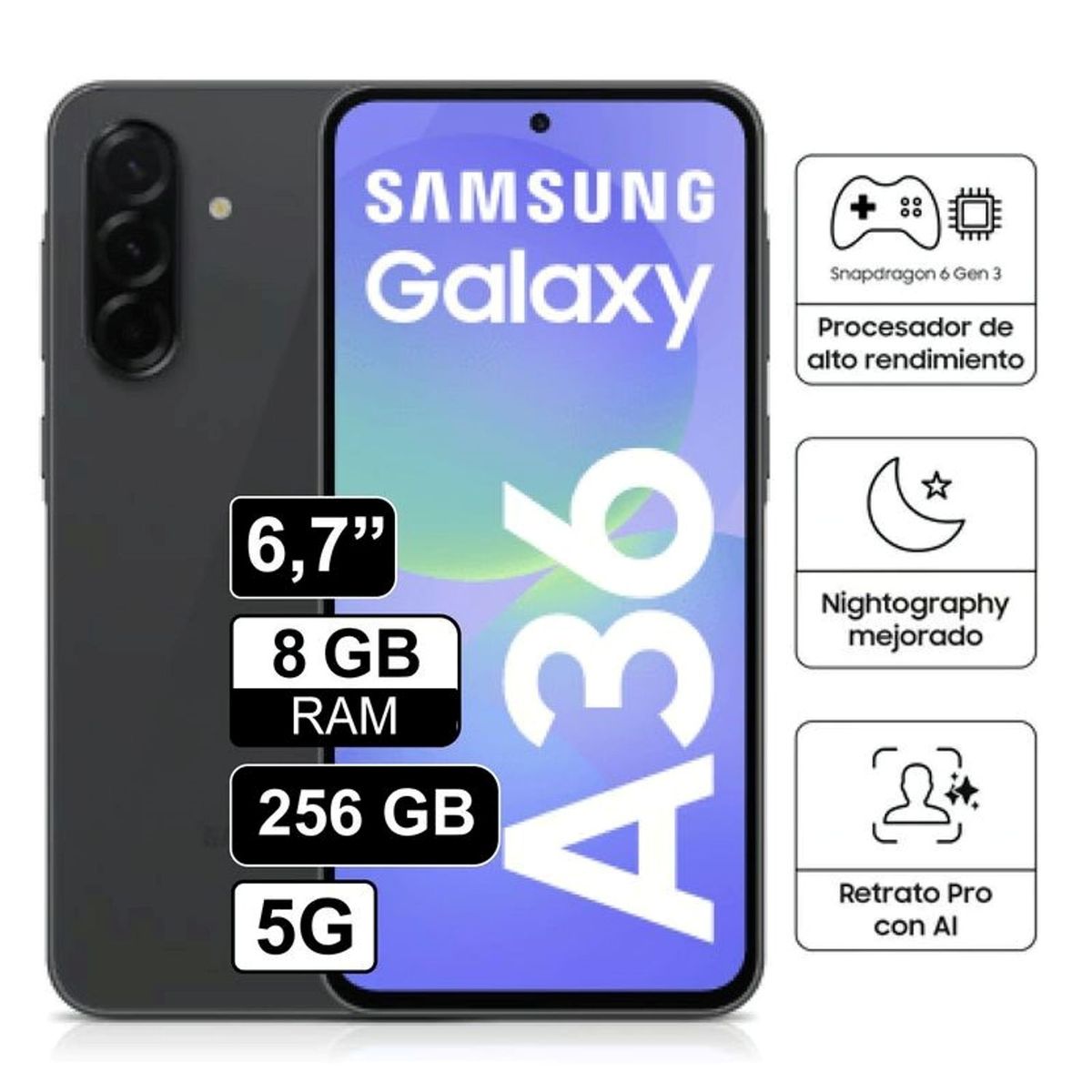 SAMSUNG - SAMSUNG GALAXY A36 5G 8GB 256GB NEGRO + ADAPTADOR 25W