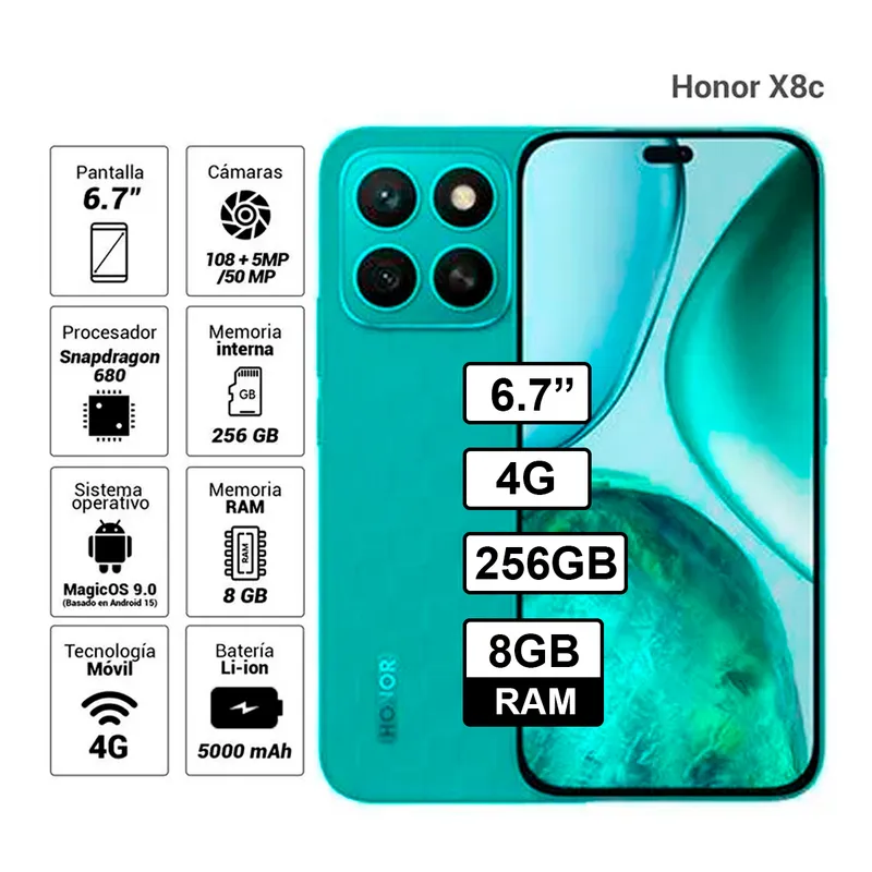 HONOR - Celular Honor X8C 256GB 8GB RAM cámara principal 108MP + 5MP frontal 50MP 65 Pulg Verde