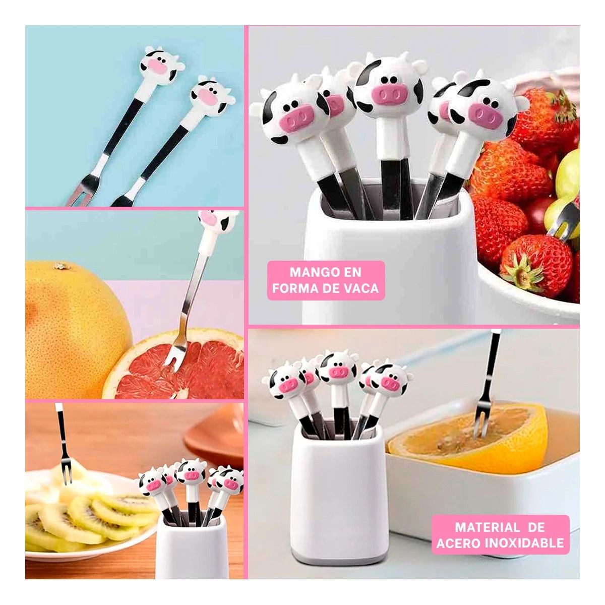 GENERICO - Pack4 Mini Tenedor Ergonomico Vaca Y+Regalo Stickers