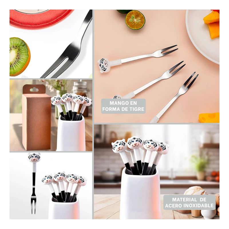 GENERICO - Pack4 Mini Tenedor Felino Tigre Blanco Y+Regalo Stickers