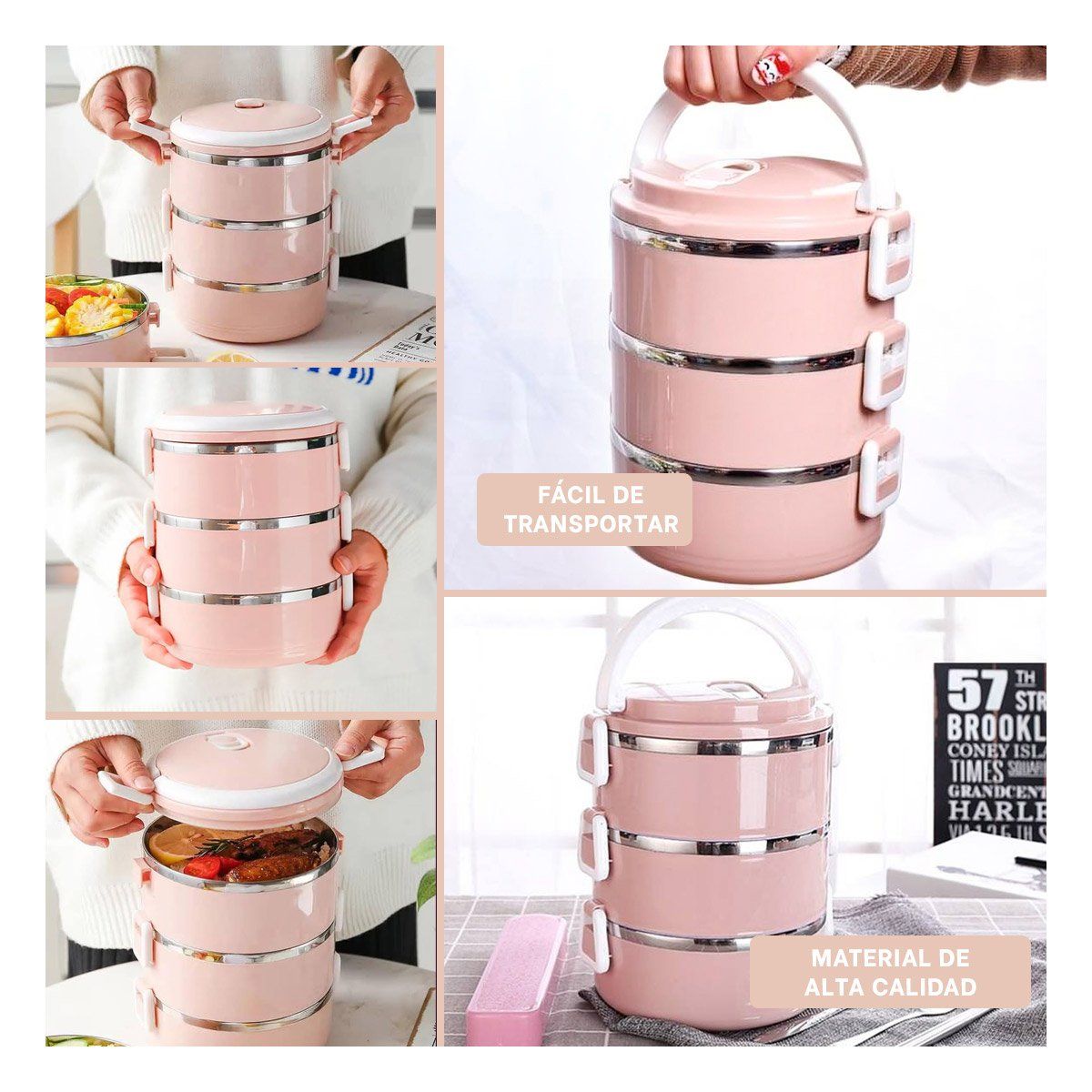 GENERICO - Taper Termo de 3 Niveles Circular de Color Rosado