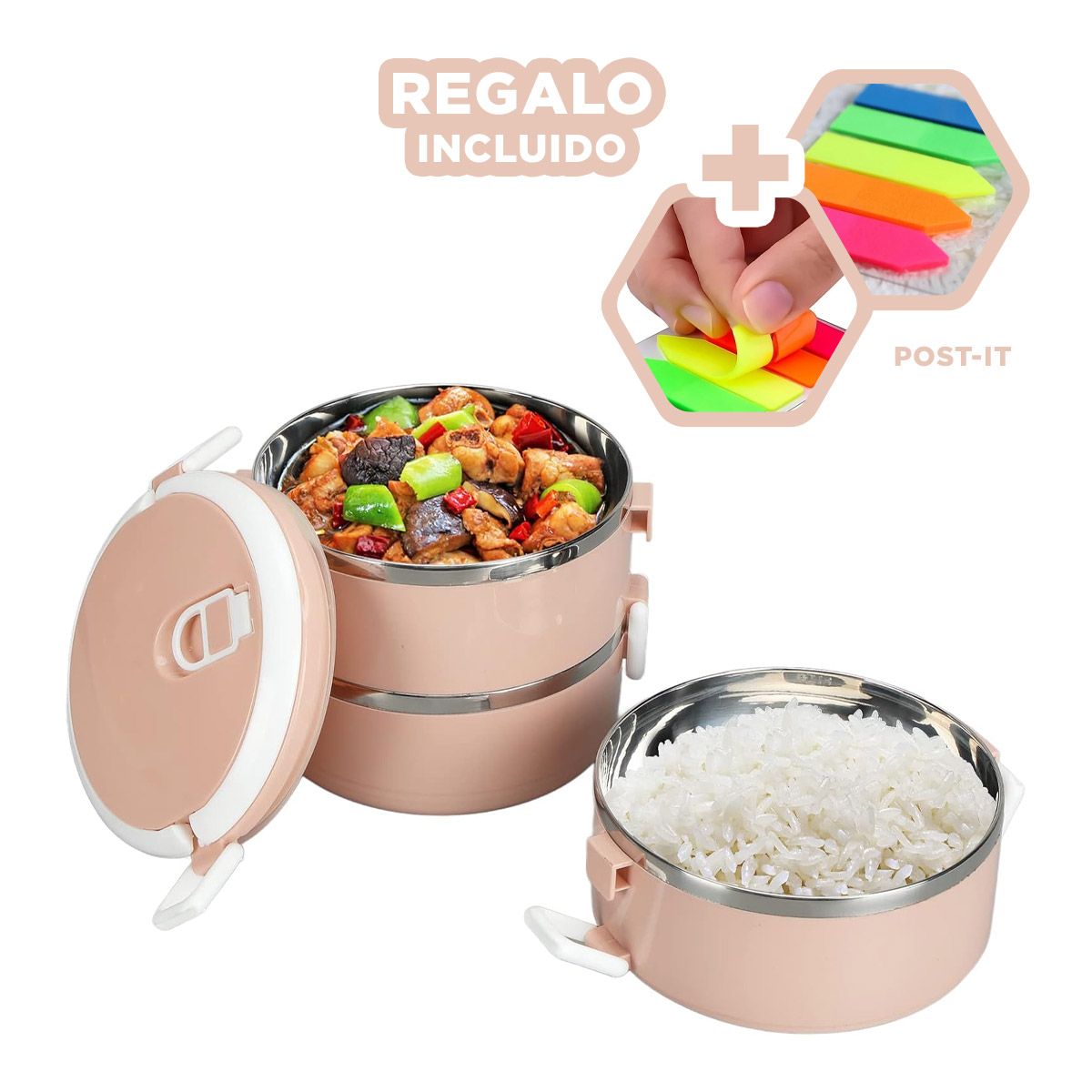 GENERICO - Contenedor Termo con 3 Niveles Rosado Y+Post-it Adhesivos