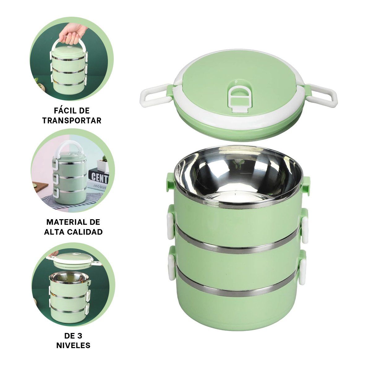 GENERICO - Taper Termo de 3 Niveles Circular de Color Verde