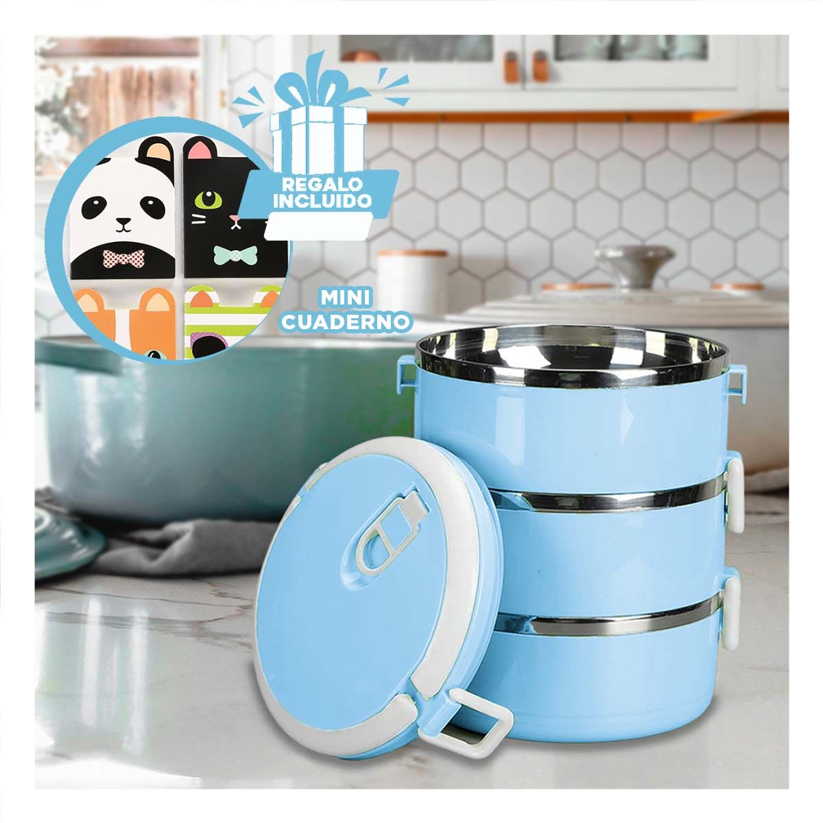 GENERICO - Taper Termico con Tres Niveles en Celeste Y+Regalo Agendita