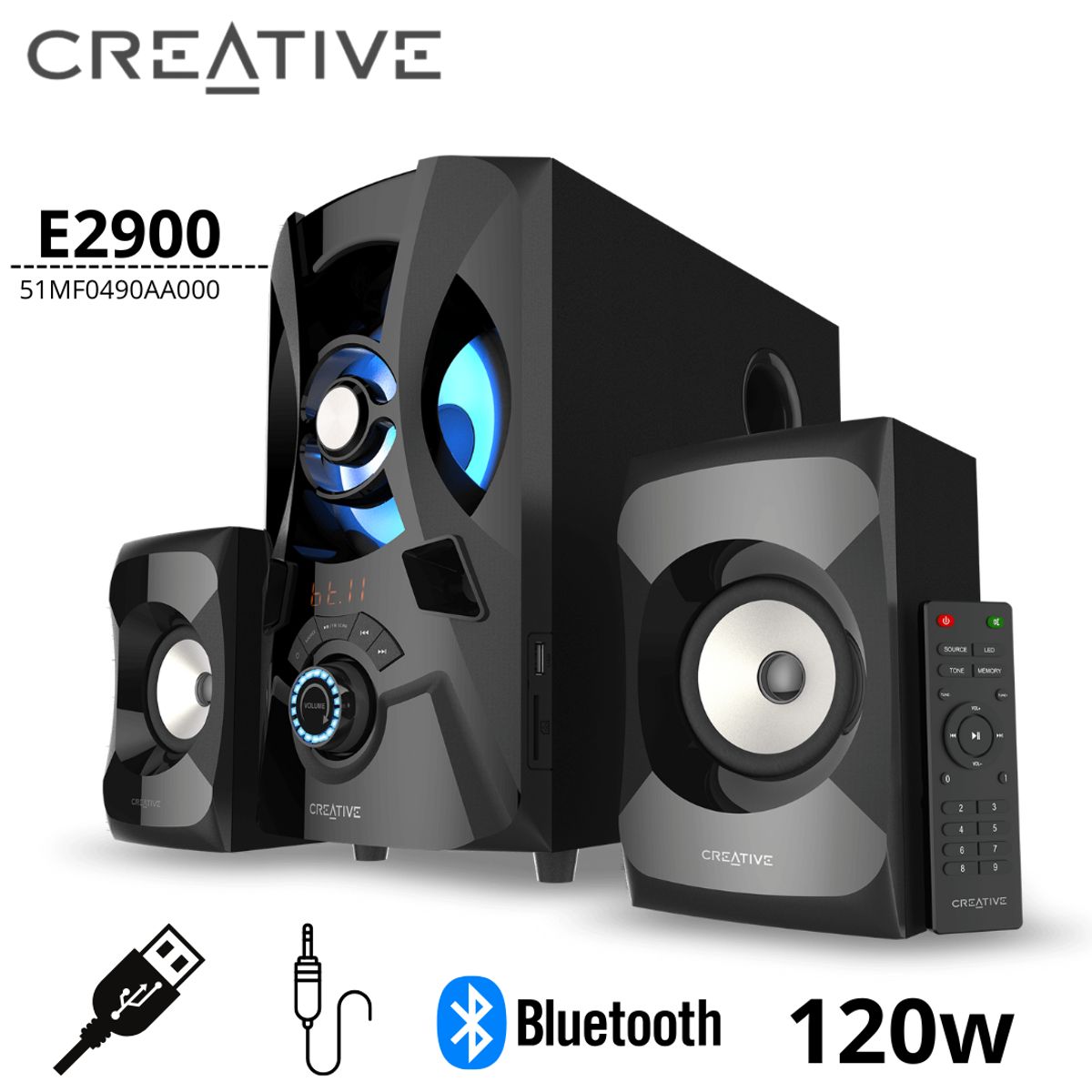 CREATIVE - PARLANTE CREATIVE E2900 2.1 120W BT/ FM/ USB/ SD/ 3.5MM  LUZ LED BLACK