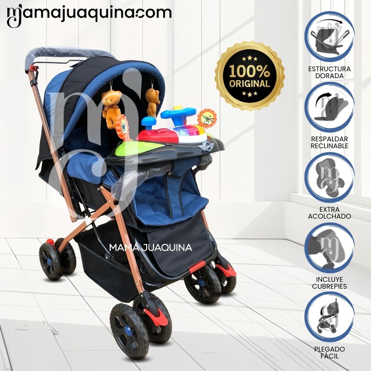 BABY - Coche Cuna Didactico «SHABERT GOLD» de Lujo Blue