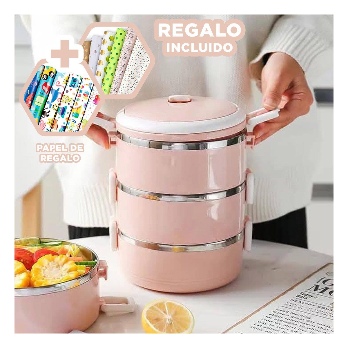 GENERICO - Taper Termico Transportable en Rosado Y+Papel de Regalo