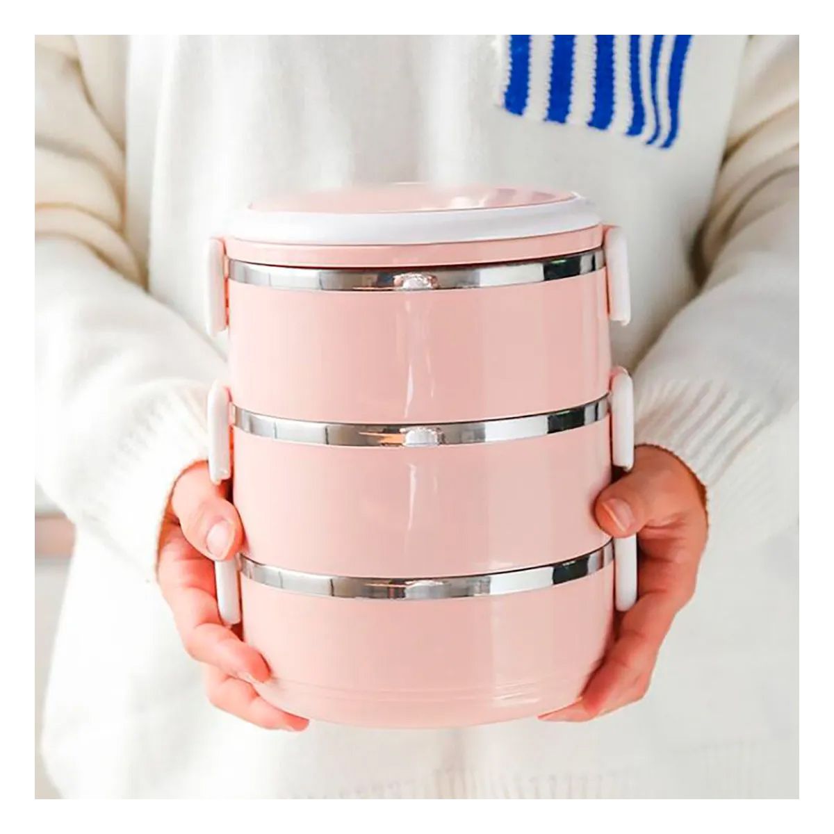 GENERICO - Pack2 Recipiente Tres Niveles en Rosado Y+Ligas de Regalo