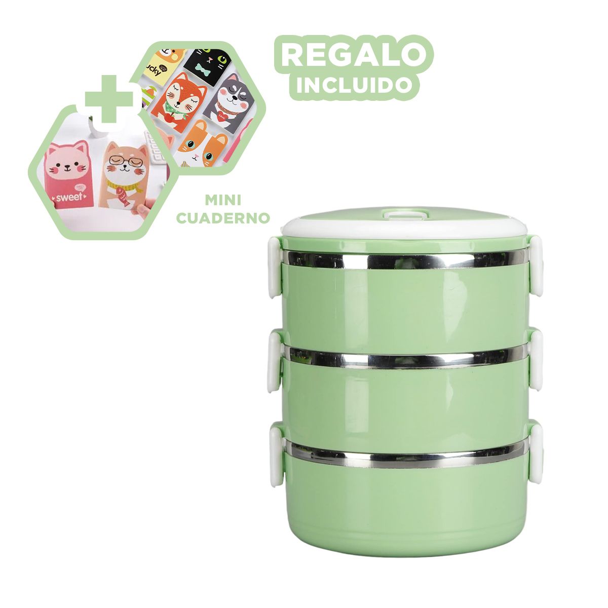 GENERICO - Taper Termico con Tres Niveles en Verde Y+Regalo Agendita
