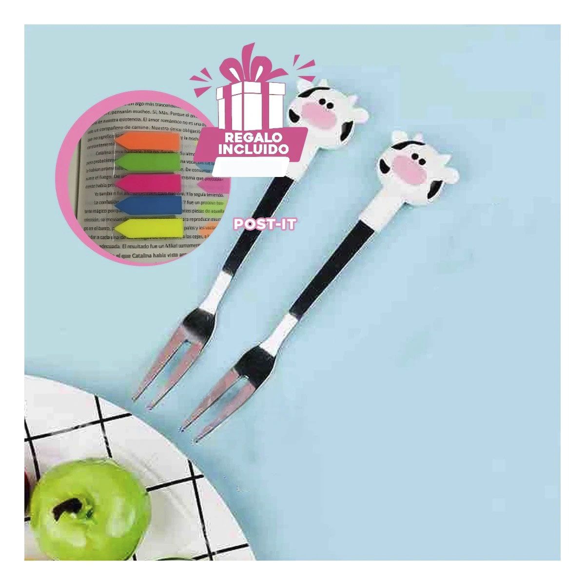 GENERICO - Tenedor con Divertido Diseño Vaca Y+Post-it Adhesivos