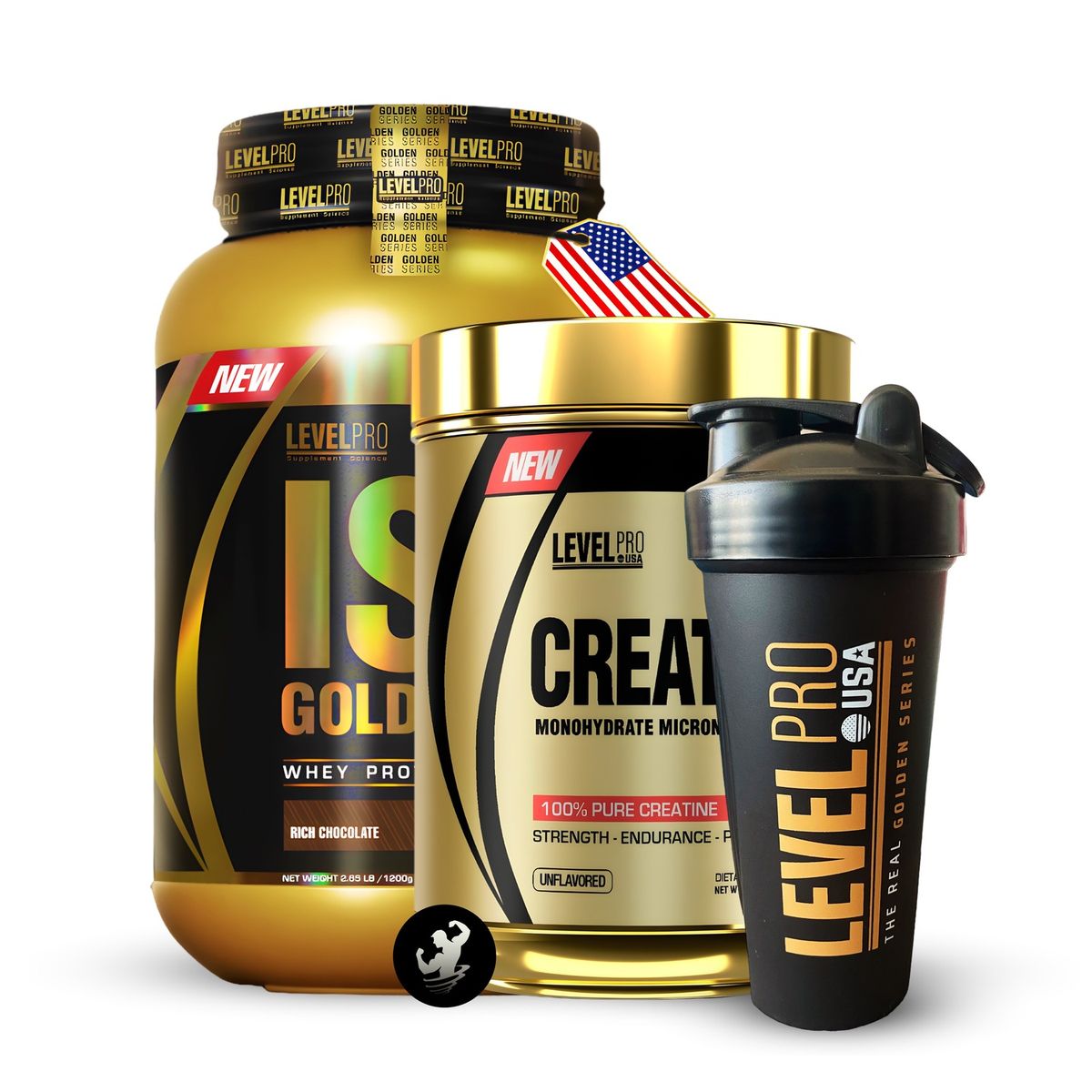 LEVEL PRO - Proteína Iso Gold Whey 2.43 lbs - Rich Chocolate + Creatina 500grs + shaker