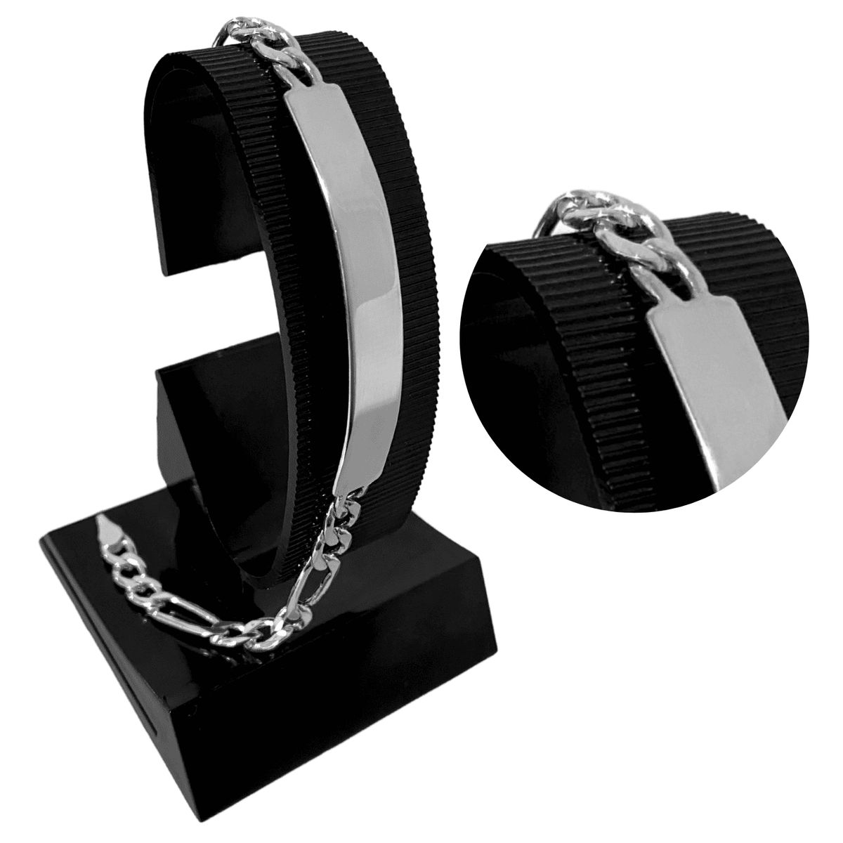 GENERICO - Pulsera Hombre Esclava Eslabones Fígaro 3x1 Placa Plata 925