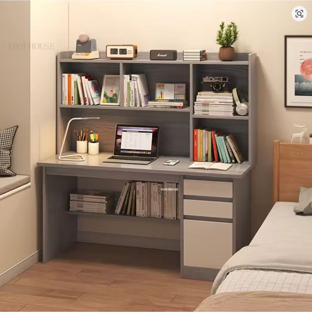 STARHOME - Escritorio Moderno con Biblioteca EdgeLine Plomo