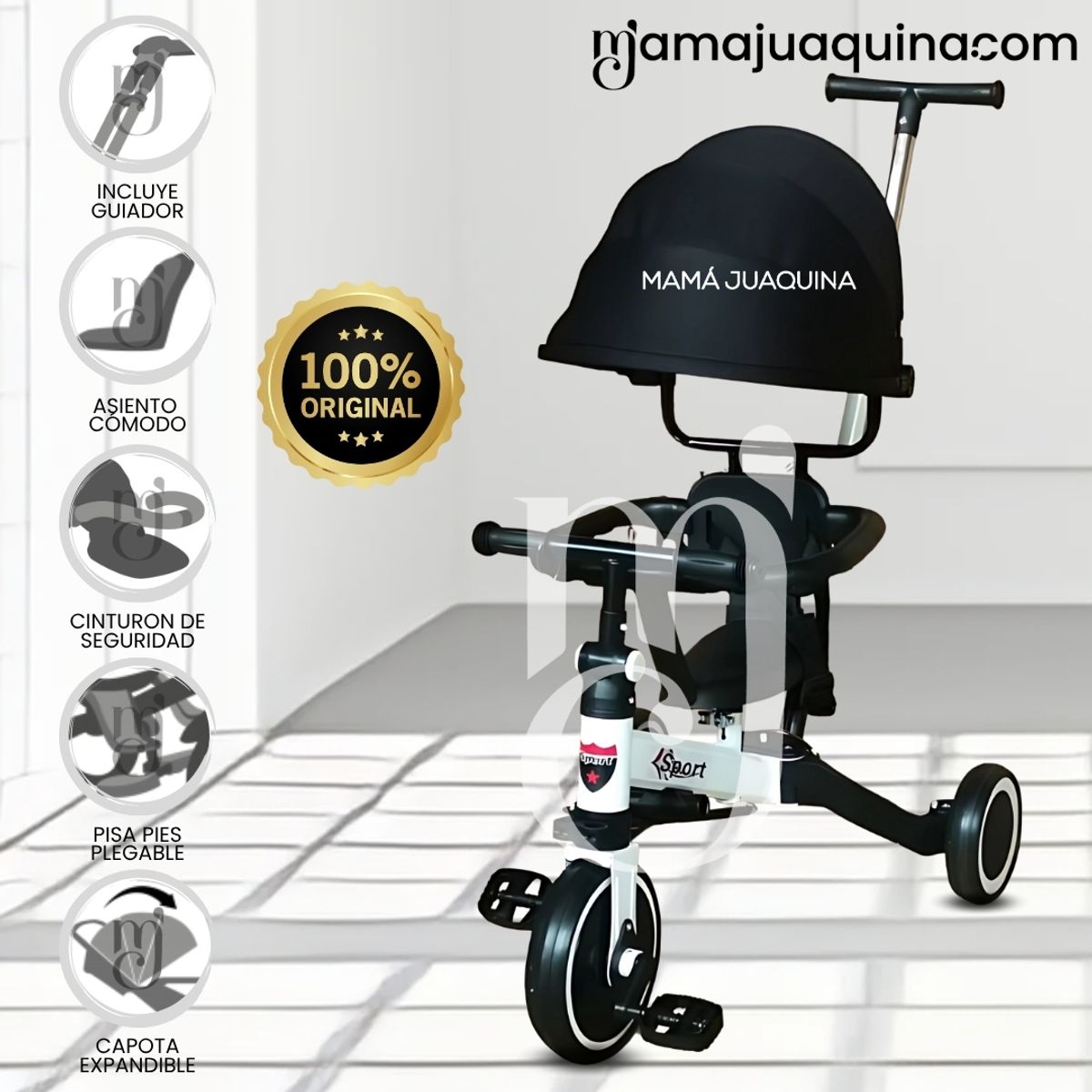 BABY - Triciclo Guiador con Capota para Niños «RODIN» de Lujo White