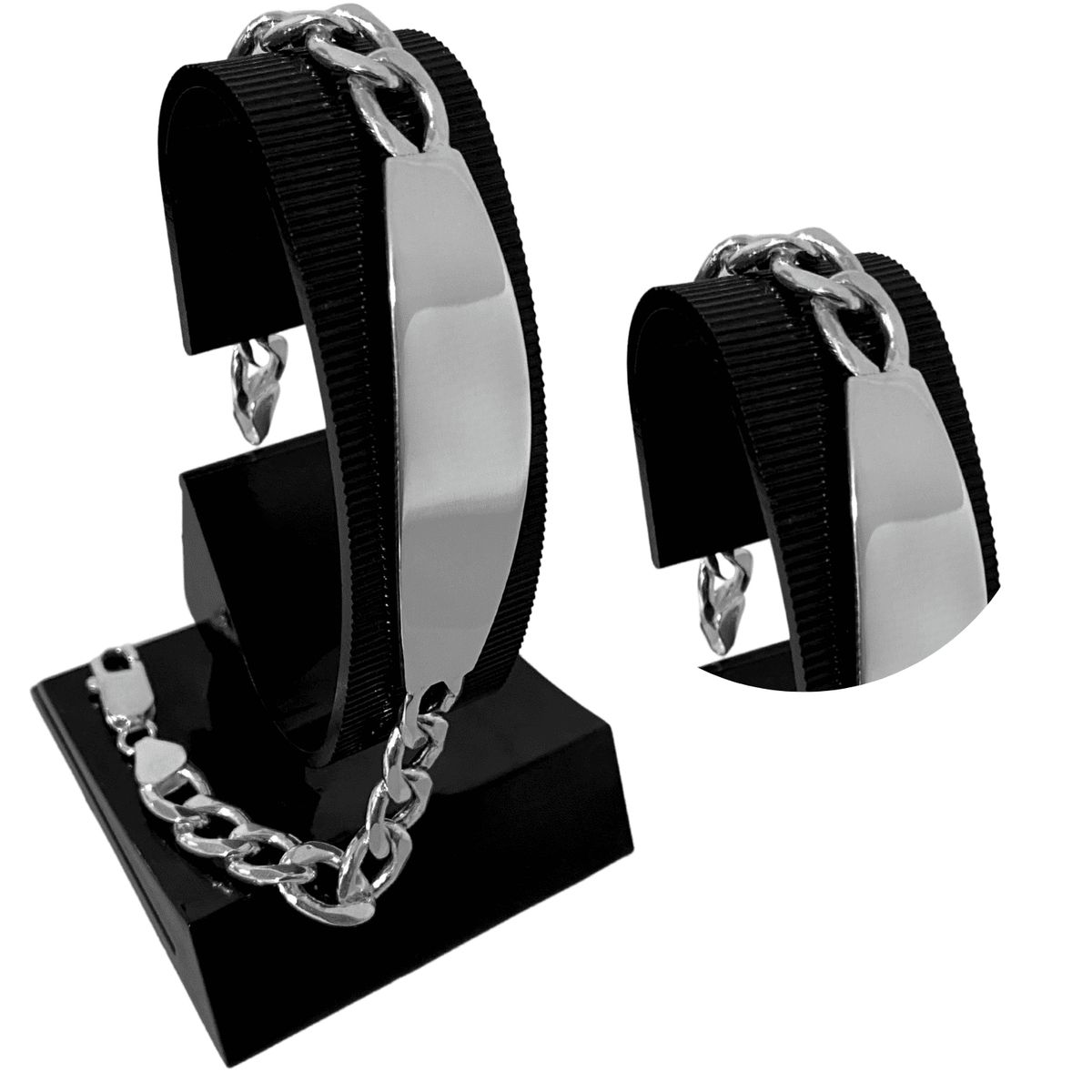 GENERICO - Pulsera Esclava Hombre Lomo Corvina Placa Oval Plata 925