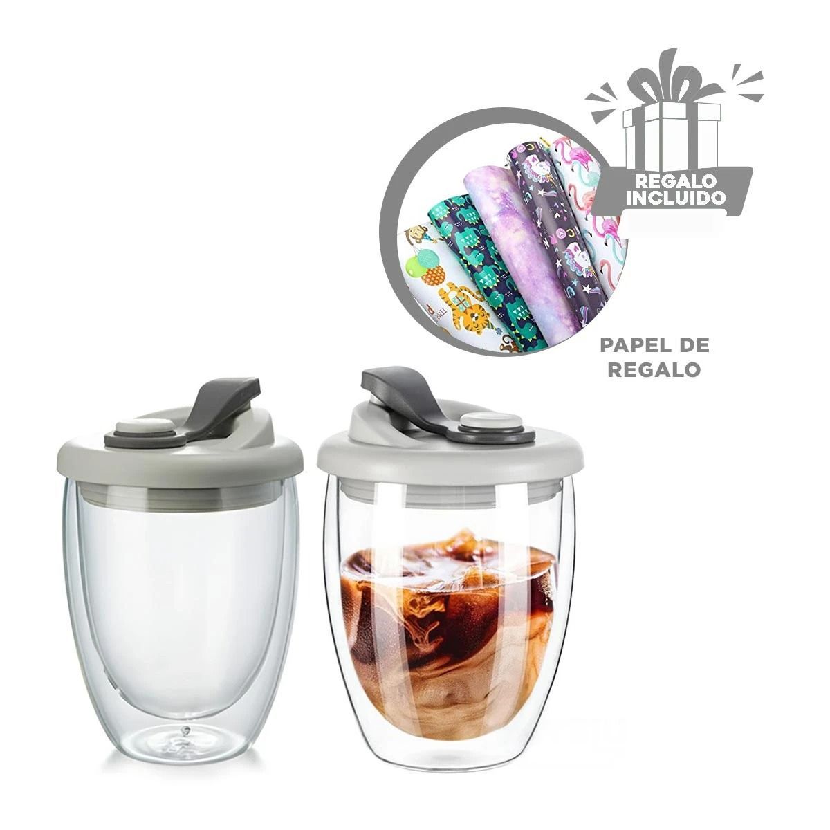 GENERICO - Vaso de Doble Pared de Vidrio 350ml Plomo Y+Papel de Regalo