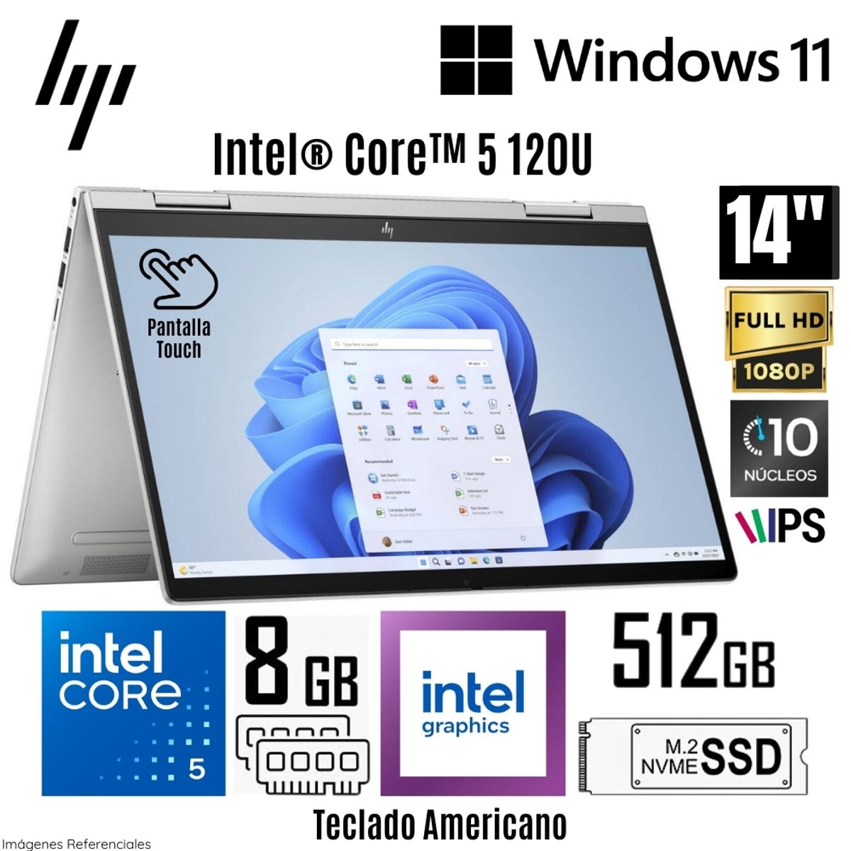 HP - Laptop HP Envy X360 14-ES1013DX Intel Core 5 120U 8GB RAM 512GB SSD 14"  FHD IPS Táctil Windows 11