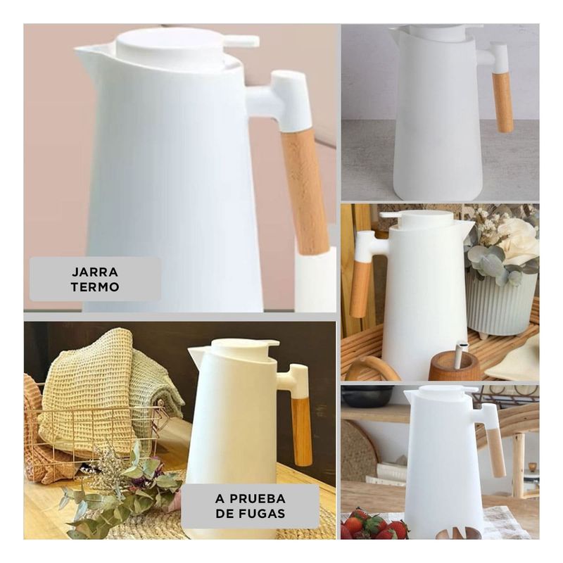 RYBIU IMPORT - Jarra Termo con Mango de Madera 1L de Color Blanco
