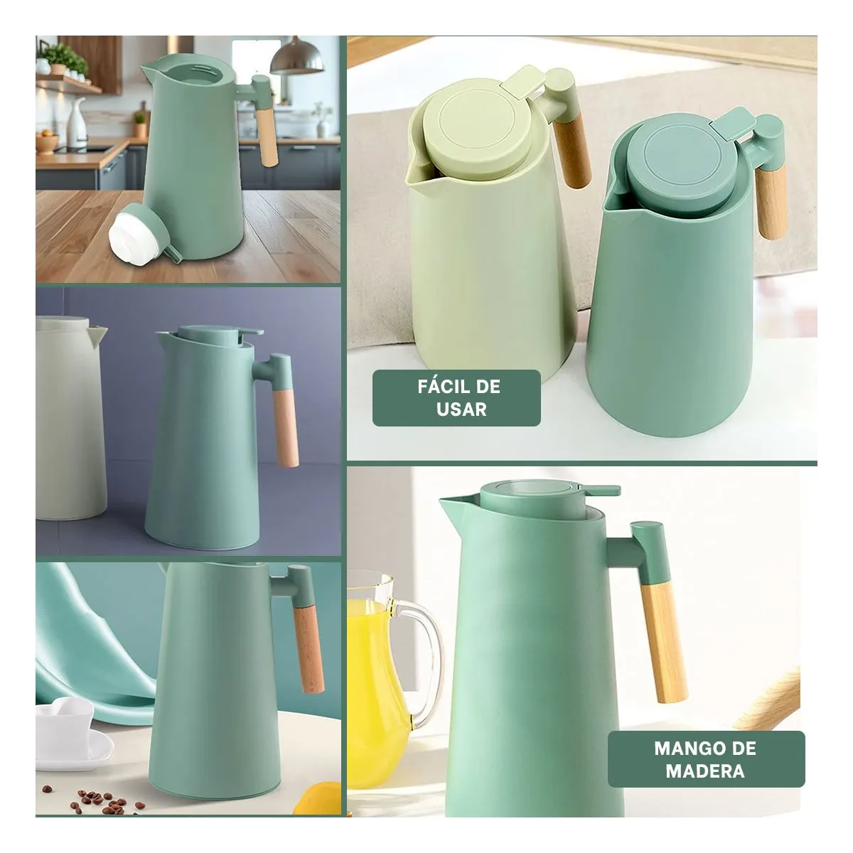 RYBIU IMPORT - Jarra Termo con Mango de Madera de Color Verde Agua