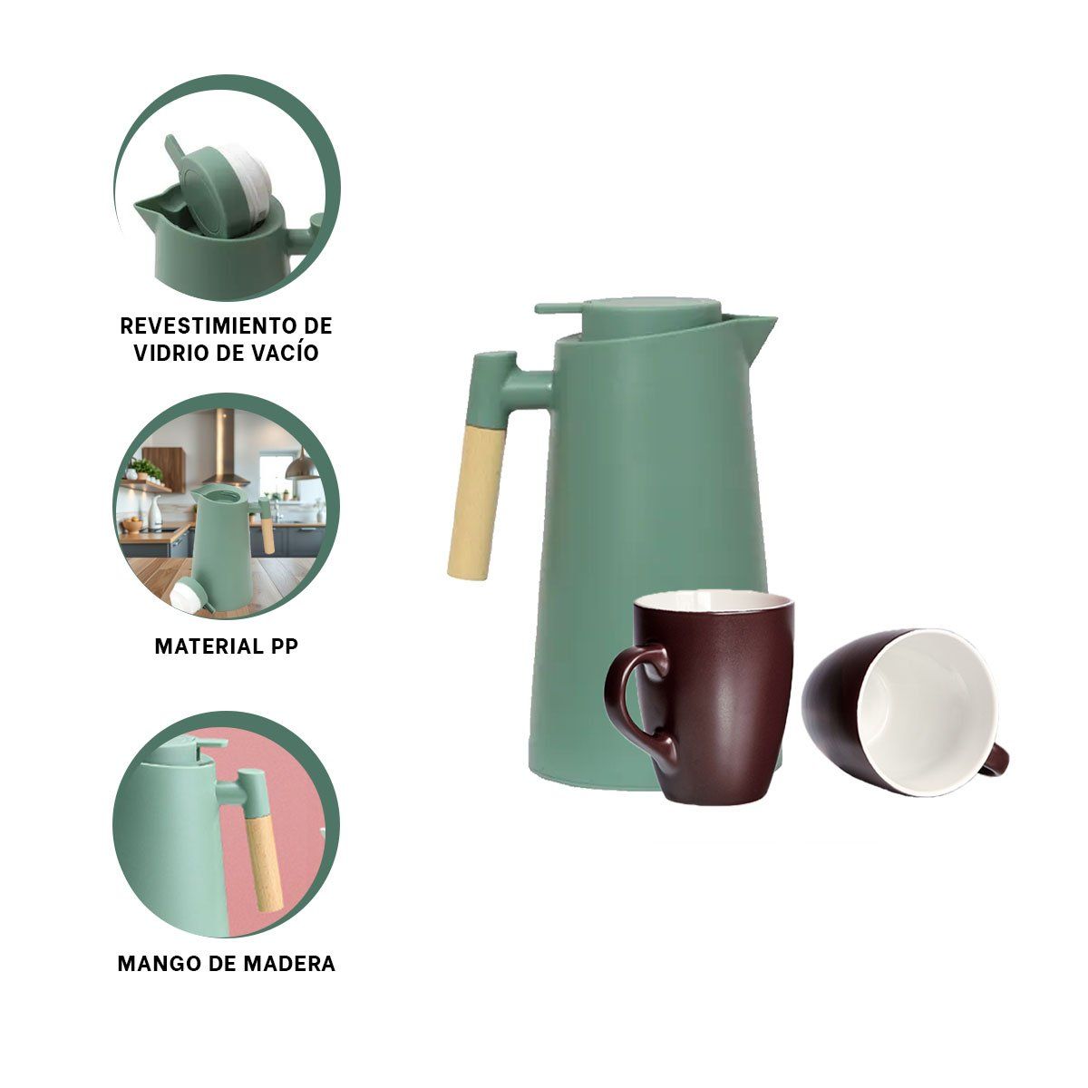 RYBIU IMPORT - Jarra Termo con Mango de Madera de Color Verde Agua