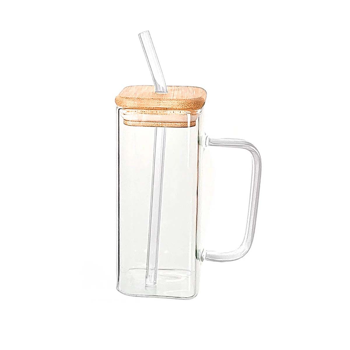 GENERICO - Pack2 Vaso de Vidrio Rectangular con Asa Tapa Sorbete 350ml