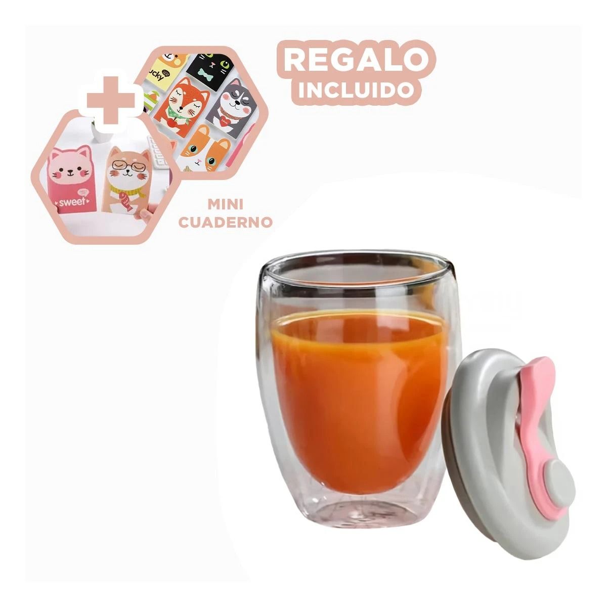 GENERICO - Vaso Doble Moderno Con Tapa 350ml Rosado Y+Regalo Agendita