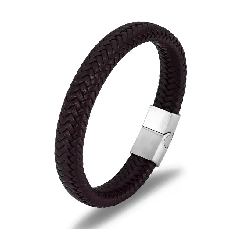 GENERICO - Pulsera Unisex Cuero Trenzado Marrón Hebilla Magnética