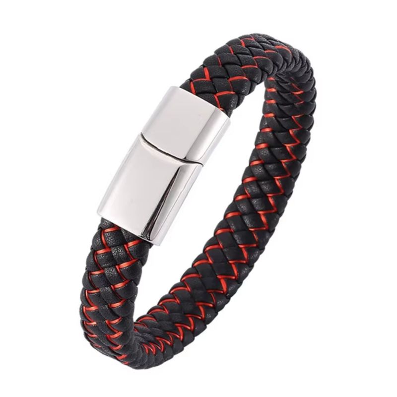 GENERICO - Pulsera Unisex Cuero Trenzado Negro Rojo Hebilla Magnética
