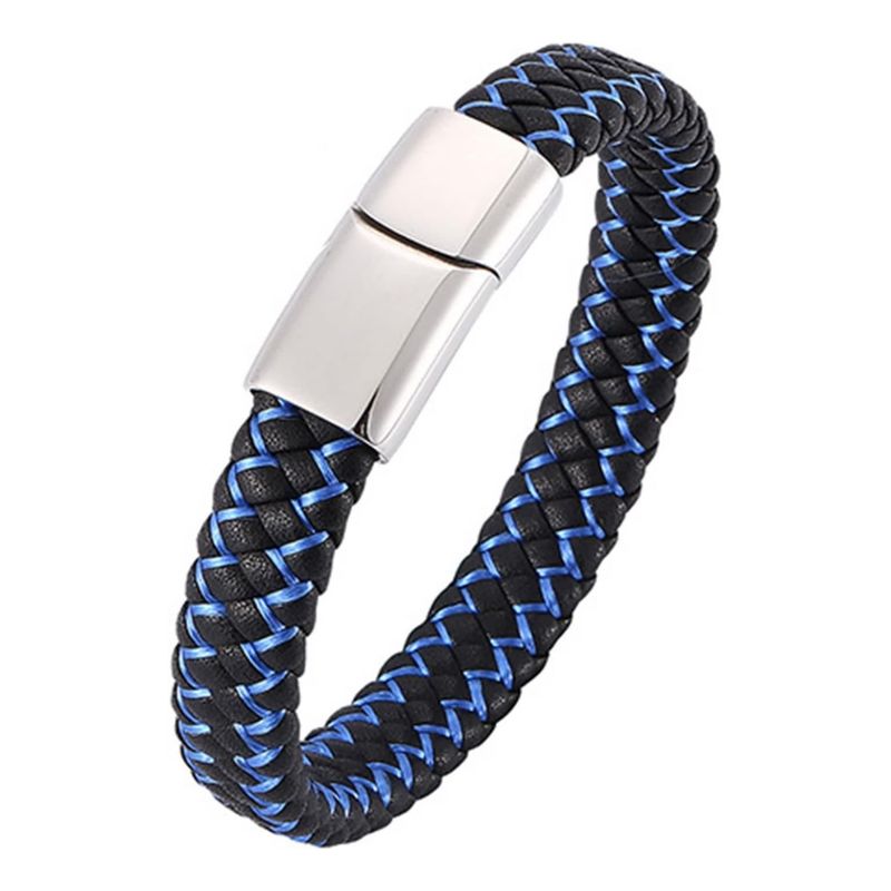 GENERICO - Pulsera Unisex Cuero Trenzado Negro Azul Hebilla Magnética