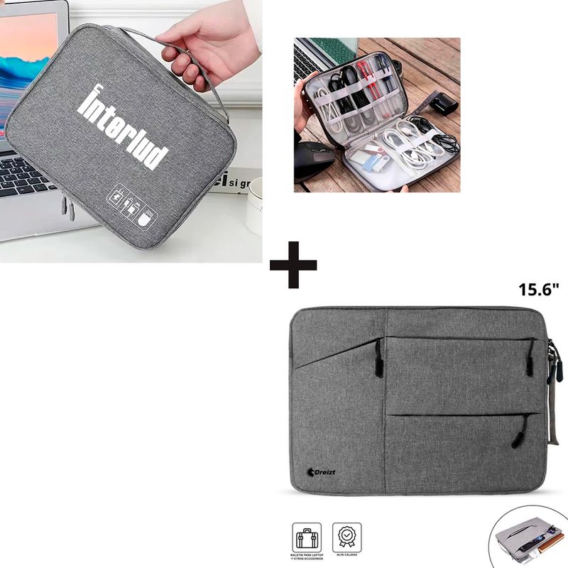 DREIZT - Combo Funda Laptop 15.6 Gris + Maletín de Cables Gris 1 división