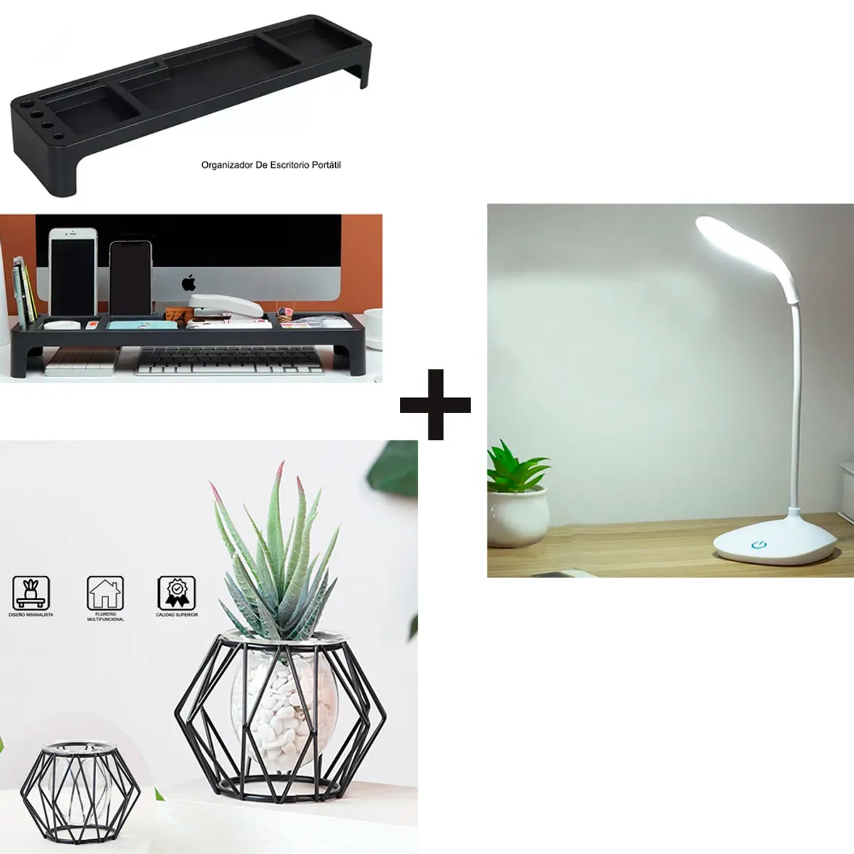 BUCKINGHAM - Macetero Negro + Lámpara USB LED DYH390005 + Organizador Escritorio